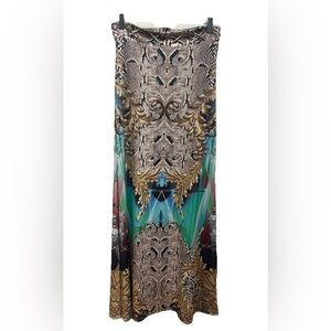 Carmen Steffens Snake Print Gold Multicolor Pattern Maxi Skirt w Slits